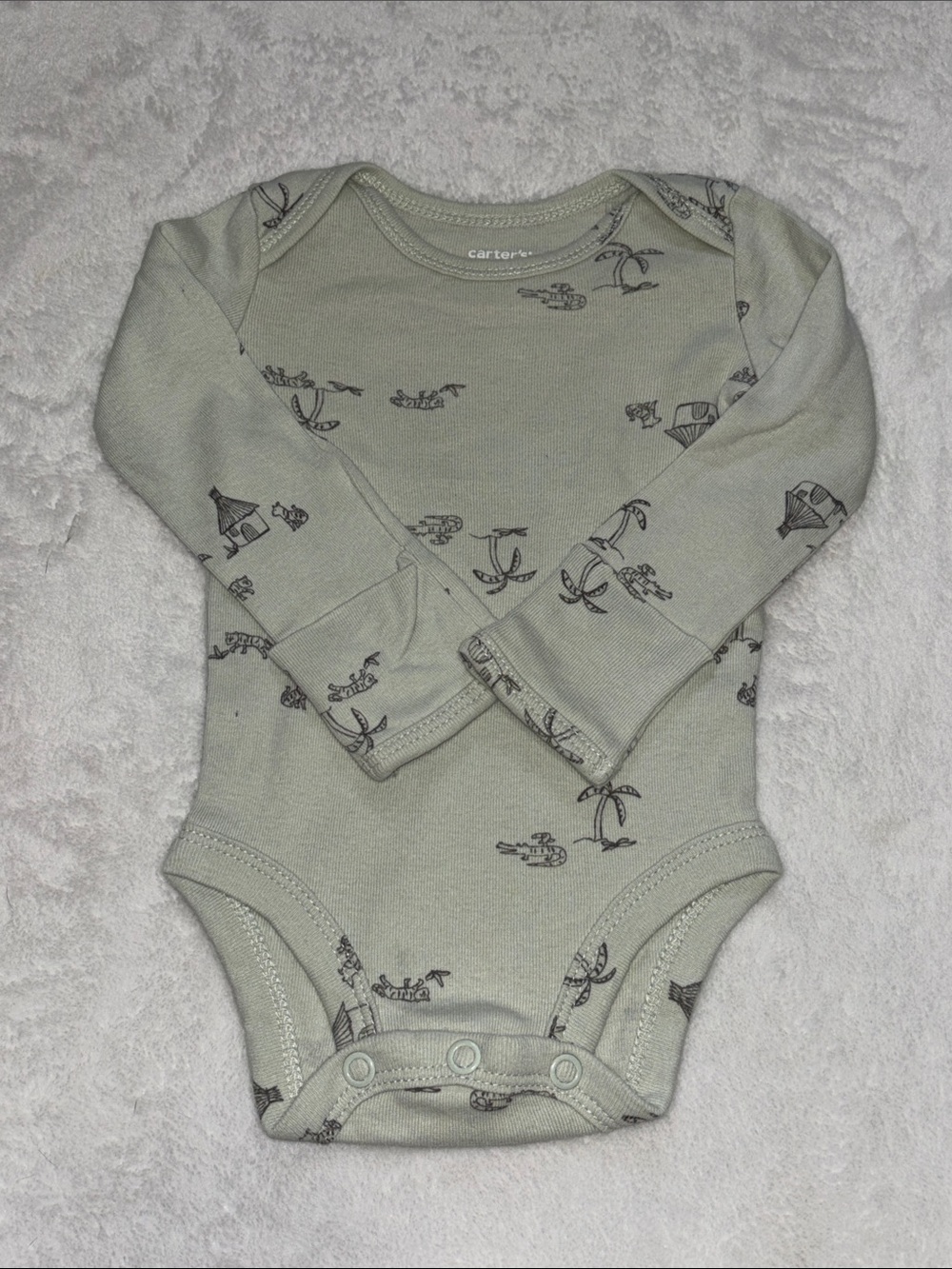 Carter's Light Sage Green Long-Sleeve Baby One-Piece with Beach crocodile print